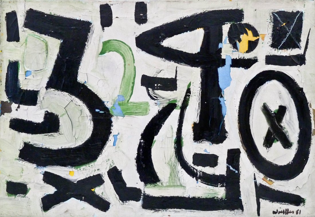 Emerson Woelffer (1914-2003 California) Untitled: Emerson Woelffer (1914-2003 California) Untitled Numbers 1961 Abstract Oil on Canvas 22''x32''. Heavy scattered craquelure with paint flaking. Painting is in as-is condition.