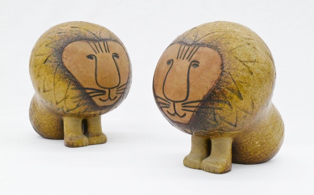 Pair of Lisa Larson ''Lion'' 1965 Glazed Stoneware: Pair of Lisa Larson ''Lion'' 1965 Glazed Stoneware Figures 5.5''x4.5''. Manufactured by Gustavsberg, Sweden pottery. Original paper labels on bottom. Excellent condition.