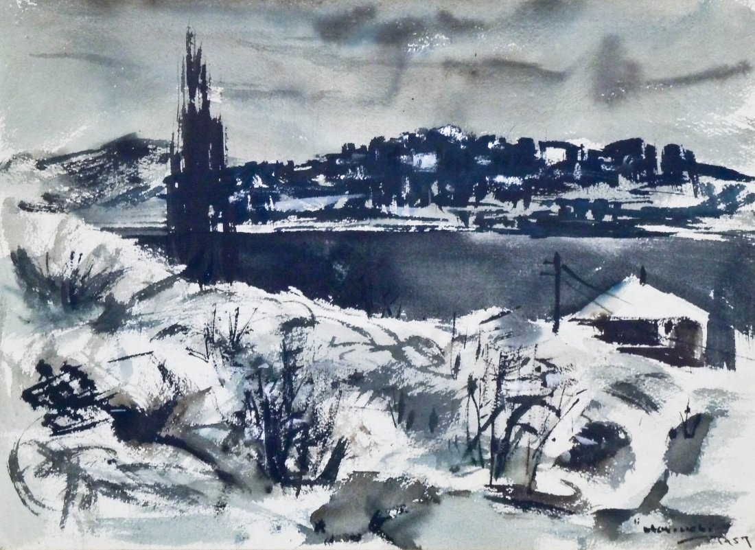 Paul Horiuchi (1906-1999 Washington) Lake Union,: Paul Horiuchi (1906-1999 Washington) Lake Union, Seattle 1957 Watercolor on Paper 14.25''x19.5'' Image. An early landscape by this artist. Total framed size 23''x27.75''.