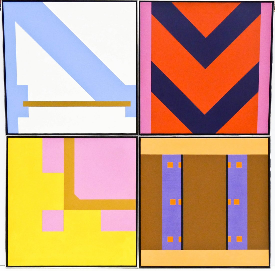Brent Blake (20/21st Cent. Washington) Four Works 1967: Brent Blake (20/21st Cent. Washington) Four Works 1967 Geometric Oil on Canvas 24''x24'' Each. Hard edge geometric abstractions that are titled Louver Door Detail, Panel, Inside Corner, and Beam Conne