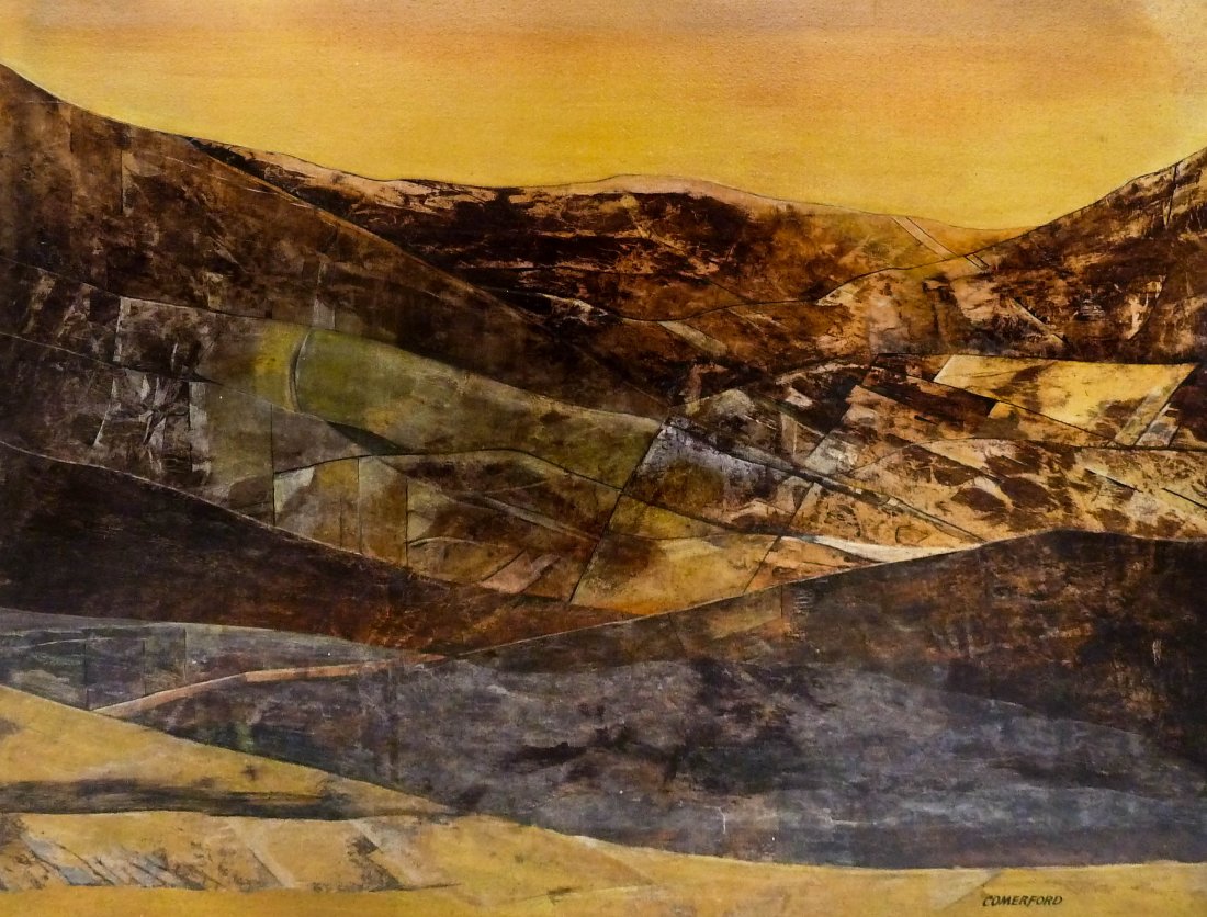 Susan Comerford (20/21st Cent. Oregon) ''Black Hills: Susan Comerford (20/21st Cent. Oregon) ''Black Hills Gold'' 1979 Oil & Collage on Canvas 48''x60''. Gallery West, Portland label on verso. Deaccessioned from The Weyerhaeuser Corporate Collection.