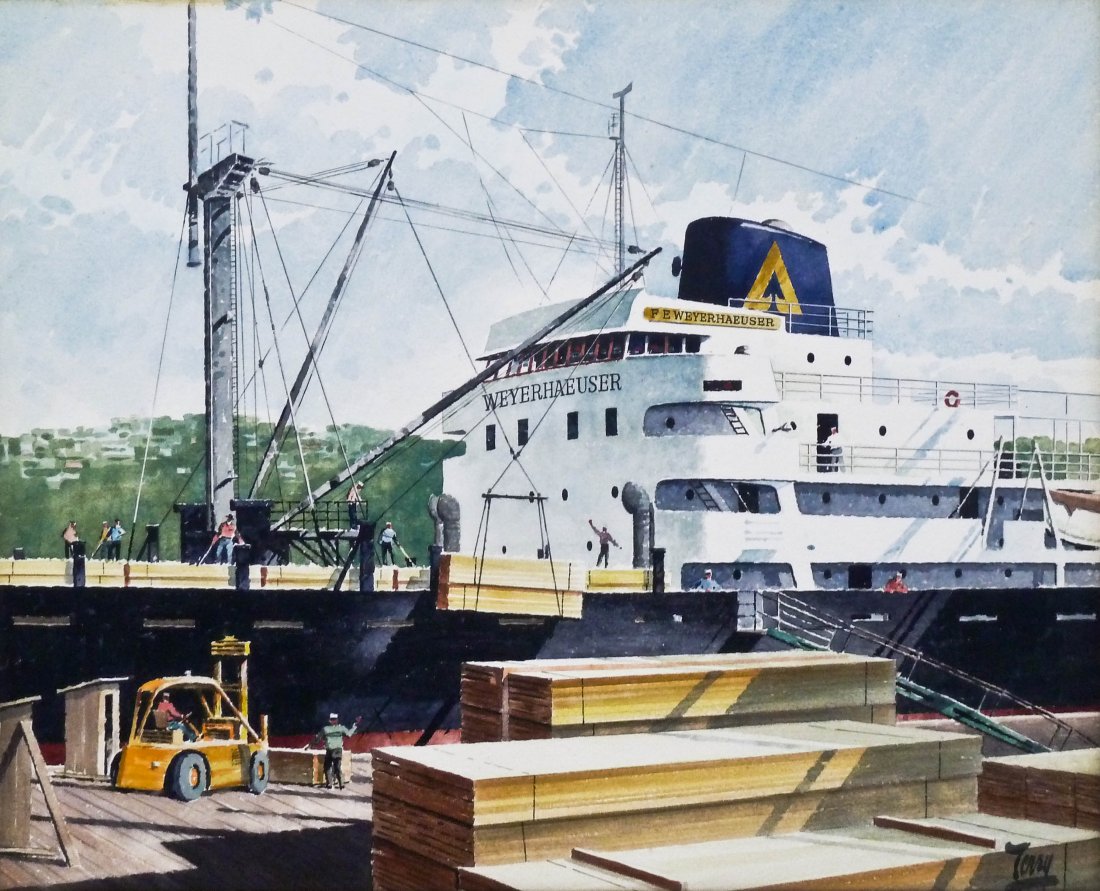 Roy Terry (b.1910 Washington) Frederick Weyer Ship: Roy Terry (b.1910 Washington) Frederick Weyer Ship Watercolor on Paper 19.5''x23.25'' Sight. Total framed size 31.5''x34.5''. Deaccessioned from The Weyerhaeuser Corporate Collection.