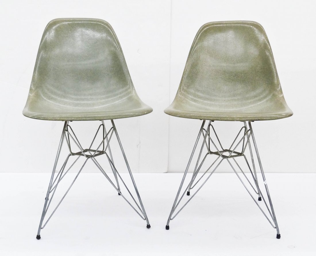 Pair Charles & Ray Eames DKR Gray Shell Chairs. Gray wi: Pair Charles & Ray Eames DKR Gray Shell Chairs. Gray with eiffel tower base. Wear consistent with age.