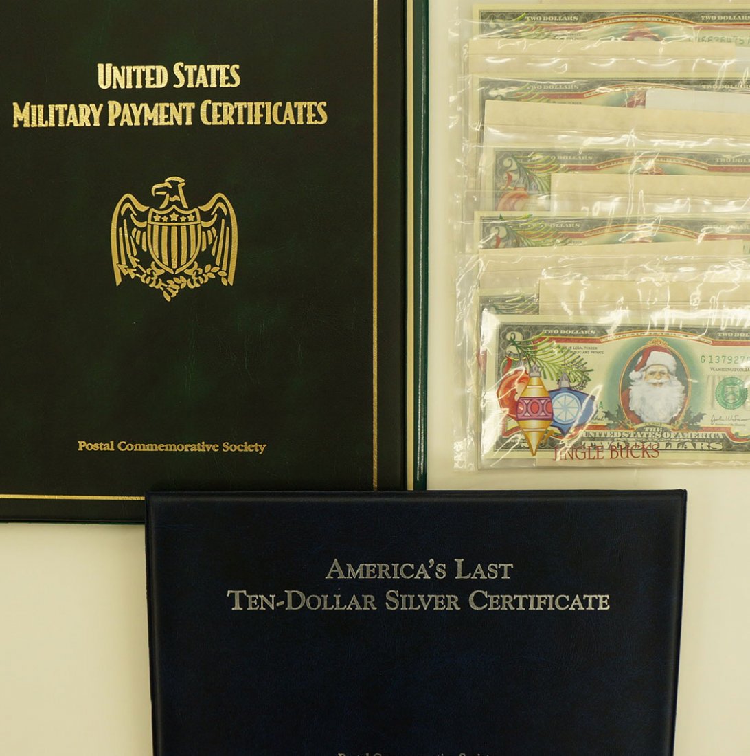 Group of U.S. Collector Currency: Includes United States Military payment certificates by PCS in folio, America's Last Ten-Dollar Silver Certificate by PCS in folio and (6) U.S. Legal Tender $2 Jingle Bucks.