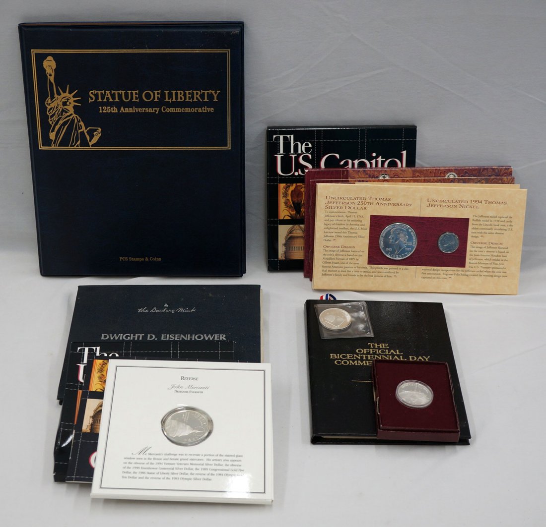Group of American 90% and .925 silver commemorative: Group of American 90% and .925 silver commemorative rounds. Statue of Liberty, The Capitol, Presidents, etc. Total weight 157 grams.