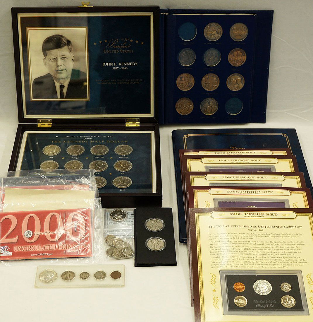 Group of assorted U.S. silver coins, bronze medals,: Group of assorted U.S. silver coins, bronze medals, proof sets, etc. Includes vintage and antique U.S. coins, JFK medal set, mint sets, proof sets and more.