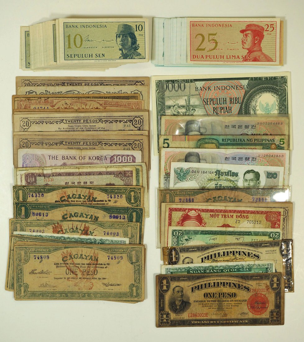 Group of (196) pieces of vintage and antique currency: Group of (196) pieces of vintage and antique currency from countries of Southeast Asia. Includes Philippines, Korea, Indonesia, and Vietnam.