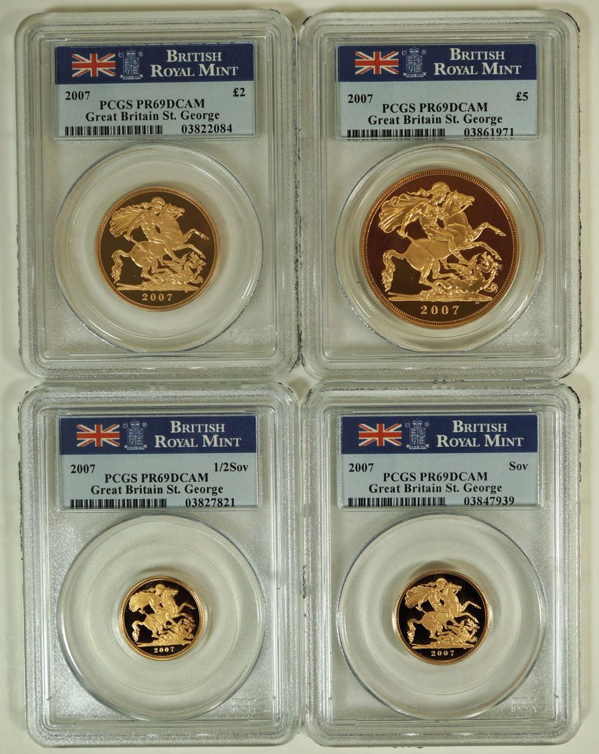 2007 Great Britain Gold Proof four coin set. Deluxe: 2007 Great Britain Gold Proof four coin set. Deluxe sovereign collection, includes (1) Half-Sovereign, 22k, 3.99g PCGS PR69, (1) Sovereign, 22k, 7.98g, PCGS PR69 (2)Double Sovereign, 22k, 15.97g and (