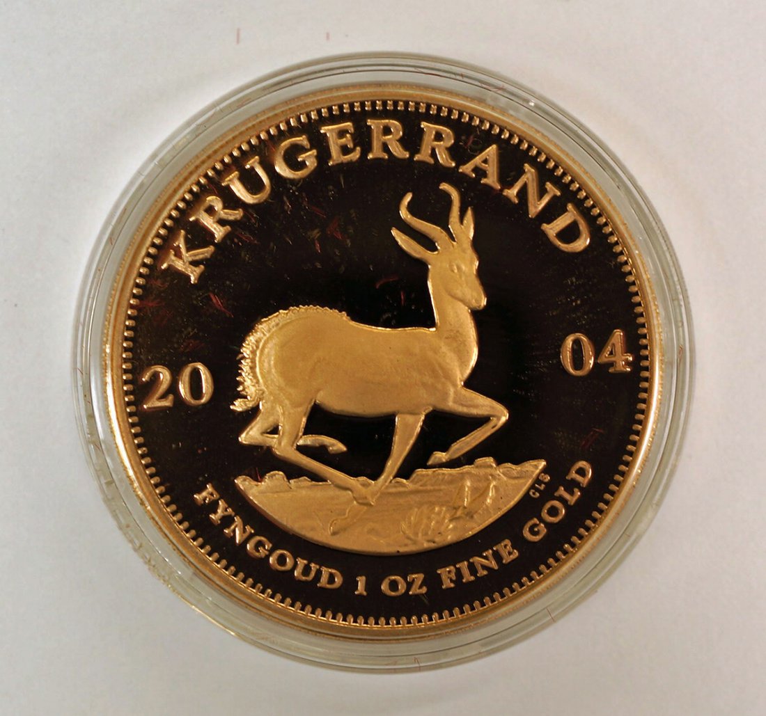 2004 South Africa 1 Oz. Gold Krugerrand Proof Coin, one: 2004 South Africa 1 Oz. Gold Krugerrand Proof Coin, one ounce .999 fine gold. In fitted case with COA.