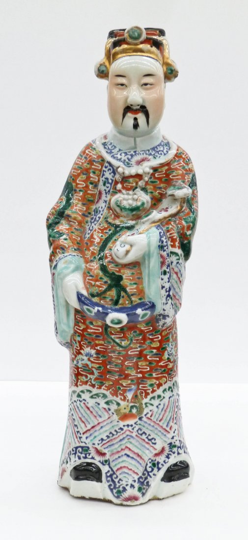 Antique Chinese Famille Rose Porcelain Lu Figure: Antique Chinese Famille Rose Porcelain Lu Figure 18.5''x6''. Polychrome enameled large figure wearing a four clawed dragon robe and holding a ruyi scepter. Drill hole on back shoulder from being made 