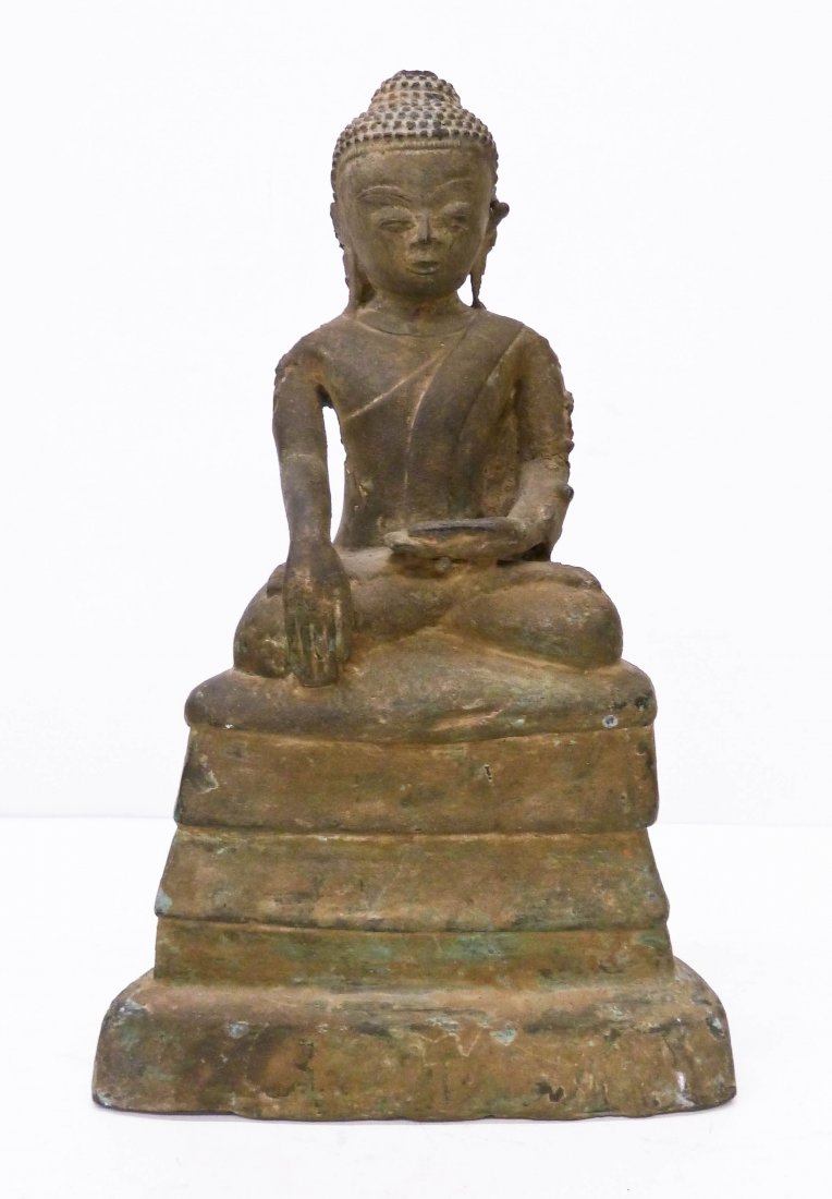 Antique Burmese Seated Bronze Buddha 10.5''x6.25''.: Antique Burmese Seated Bronze Buddha 10.5''x6.25''. Buddha on throne is fragmented, missing back shoulder region. Southeast Asia, 19th century or older.