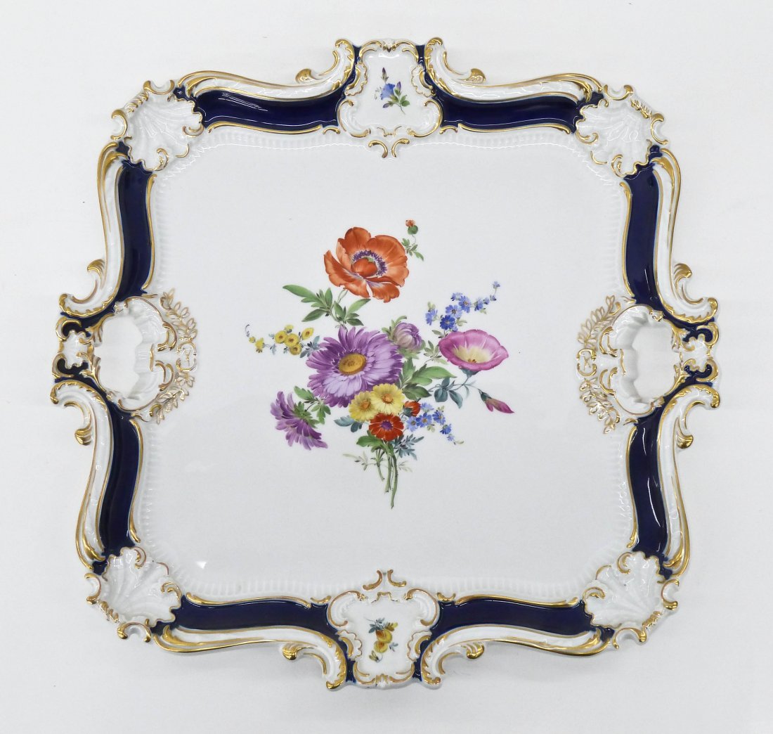 Antique Meissen Cobalt Floral Porcelain Serving Tray: Antique Meissen Cobalt Floral Porcelain Serving Tray 16''x16''. Gilt edgework with hand painted floral spray in center. Blue underglaze mark with no strike throughs. Excellent condition. 19th century,