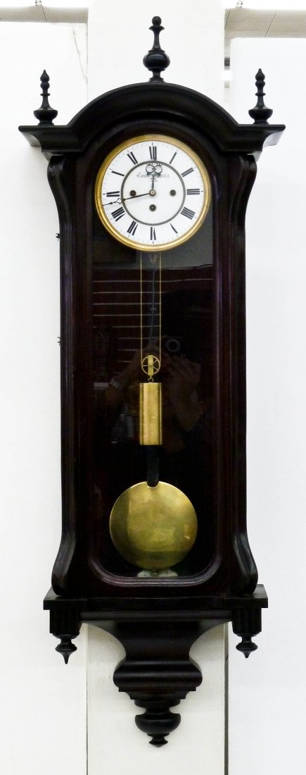 Antique Franz Kunz Wien Grand Sonnerie Vienna Regulator: Antique Franz Kunz Wien Grand Sonnerie Vienna Regulator Wall Clock 46''x16''. Single weight driven movement with two gong coils. Strikes on the quarter hour, half hour and hour. Dark stained biedermei