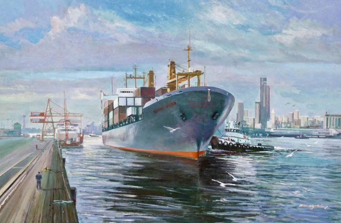 Dean Waite (b.1923 Massachusetts) Neptune Jasper Cargo: Dean Waite (b.1923 Massachusetts) Neptune Jasper Cargo Ship 1984 Oil on Canvas 24''x36'' Image. Total framed size 31''x43''.