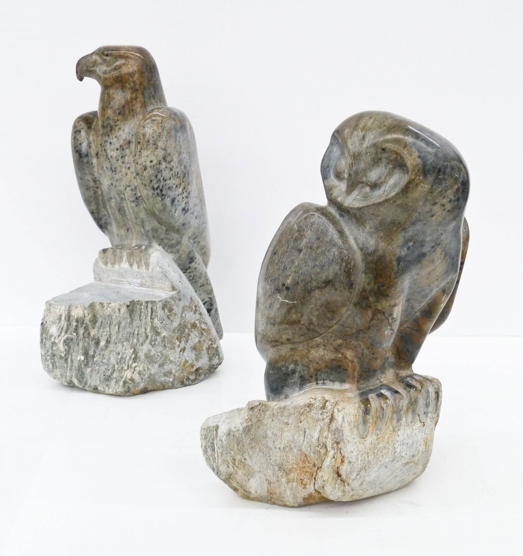 2pc Signed Allard Inuit Carved Soapstone Bird: 2pc Signed Allard Inuit Carved Soapstone Bird Sculptures. Includes an owl 12''x8.5'' and an eagle or hawk 13.5''x8''. Signed on bottom. Scattered scratching to exterior.