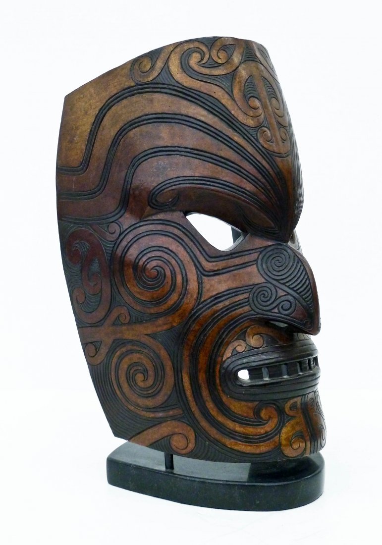 Joe David (b.1946 Canada) Maori Warrior Mask 1996: Joe David (b.1946 Canada) Maori Warrior Mask 1996 Sculpture on Marble Base 13.5''x7.5''x7''. Patinated bronze mask by well known Nuu-chah-nulth native artist. Numbered 1 of an edition of 4. Casted by