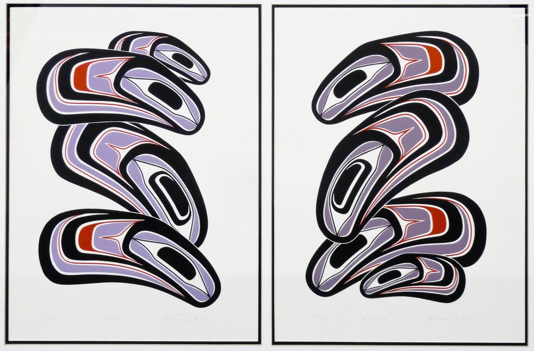 Beau Dick (b.1955 Canada) Shells & Mussels 1987 Diptych: Beau Dick (b.1955 Canada) Shells & Mussels 1987 Diptych Serigraph 19''x14'' Sight Each. Both are pencil signed and numbered 109 of 125 edition. Total framed size 24''x34''.