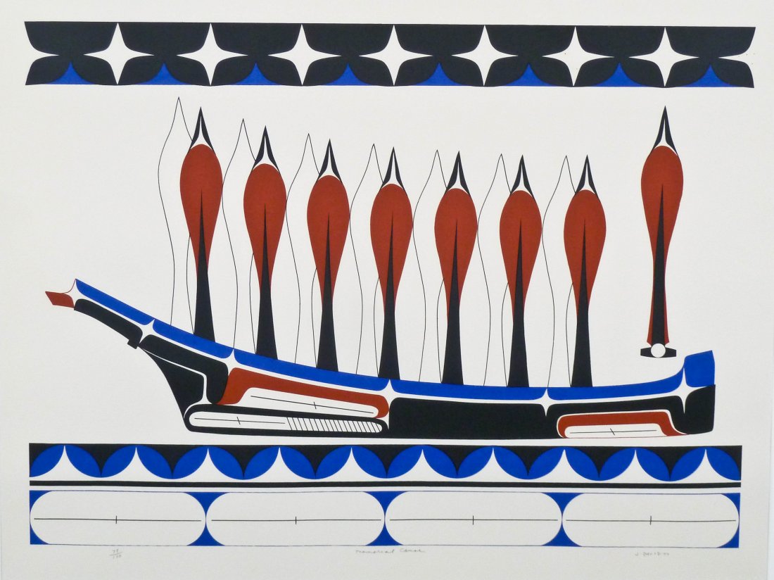 Joe David (b.1946 Canada) Memorial Canoe 1977 Serigraph: Joe David (b.1946 Canada) Memorial Canoe 1977 Serigraph 21.5''x16.75'' Sight. Pencil signed and numbered 78 of 100 edition. Total framed size 23.5''x27.5''.