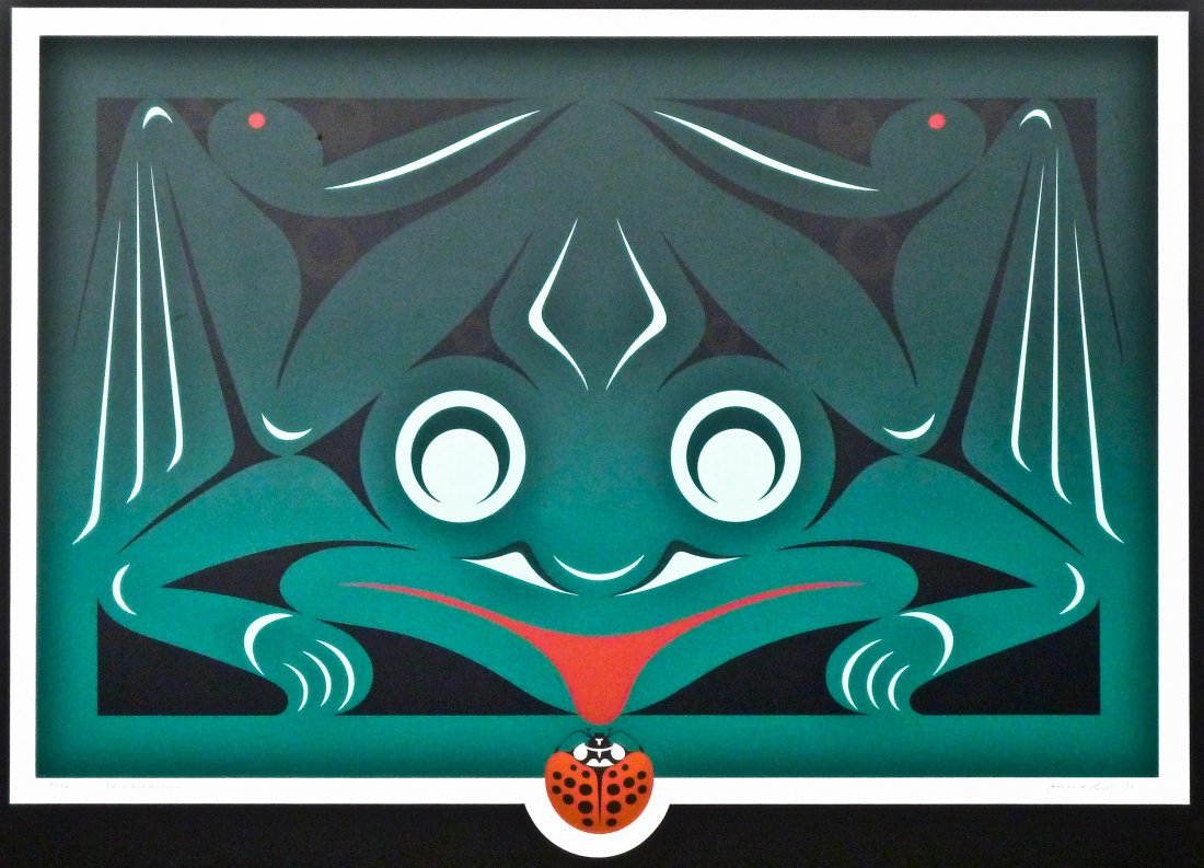 Susan Point (b.1952 Canada) Frog Box Design 1996: Susan Point (b.1952 Canada) Frog Box Design 1996 Serigraph 27''x19.5'' Sight. Pencil signed and numbered 6 of 152 edition. Total framed size 26.5''x35.5''.