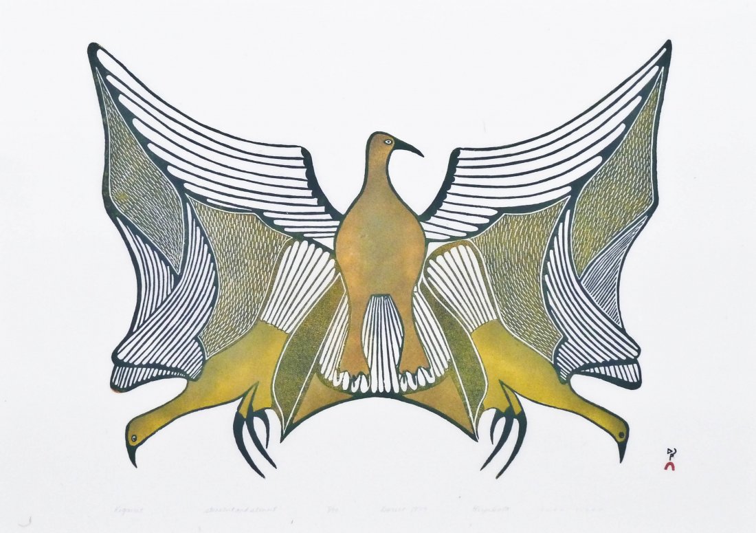 Eliyahkota Samualie (1939-1987 Canada) Kigaviit 1979: Eliyahkota Samualie (1939-1987 Canada) Kigaviit 1979 Inuit Stonecut Print 22''x31'' Sight. Pencil signed and numbered 8 of 50 edition. Total framed size 30.75''x39''.