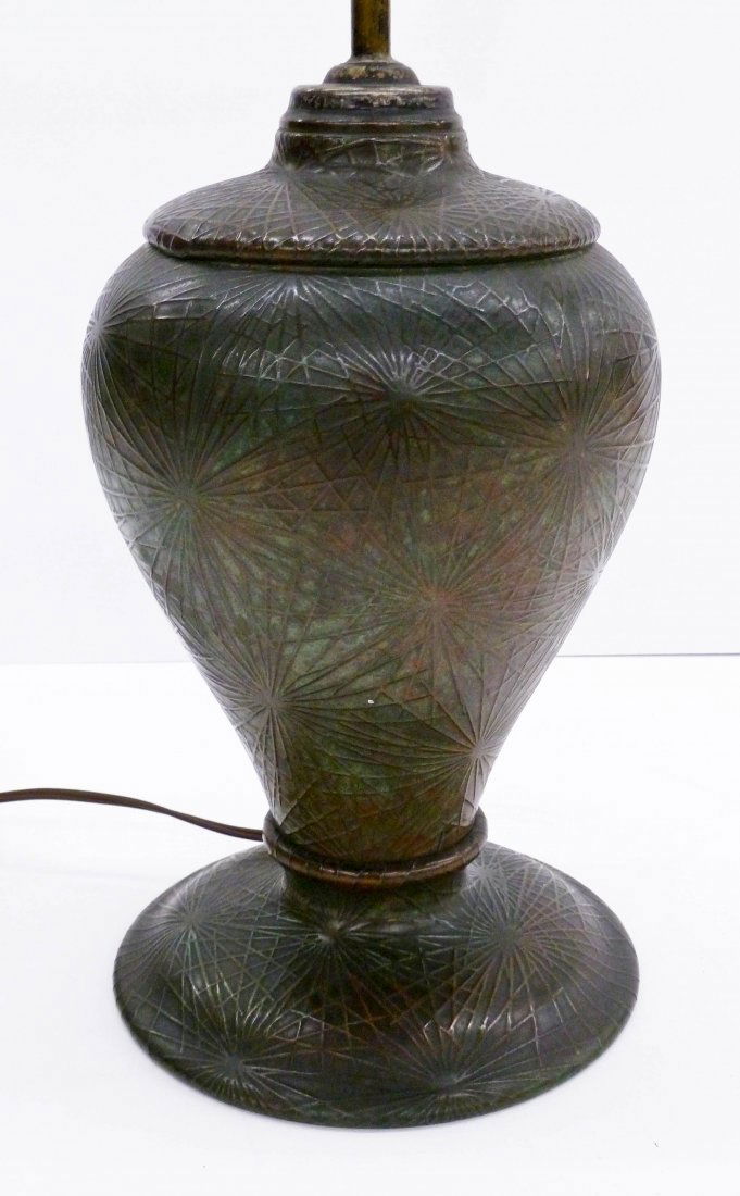 Antique Arts & Crafts Copper Pinecone Table Lamp Base: Antique Arts & Crafts Copper Pinecone Table Lamp Base 12.5''x7.5''. Oil lamp base converted to electric. Green verdigris patination. Drilled base and center. Similar style to Tiffany Studios pinecone