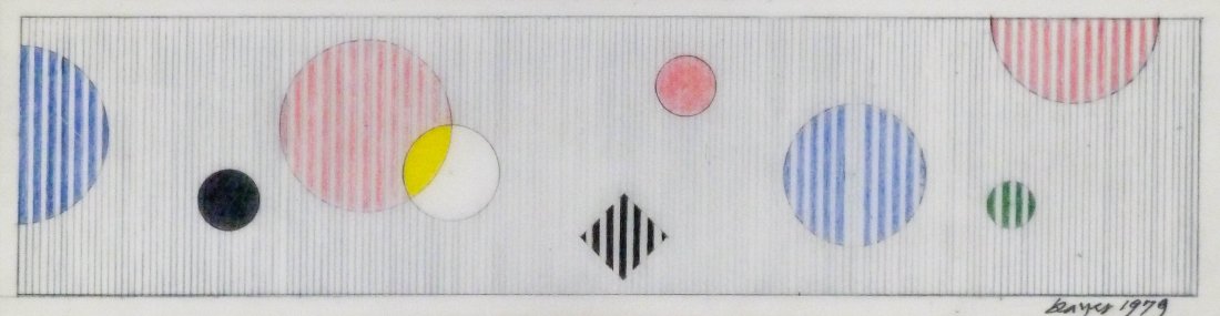 Herbert Bayer (1900-1985 Austrian) Three Small: Herbert Bayer (1900-1985 Austrian) Three Small Geometric Works Pastel Crayon on Paper. Includes a long 1979 abstract with circles 3.75''x14'' image, 11''x21'' framed. A yellow and black line abstract