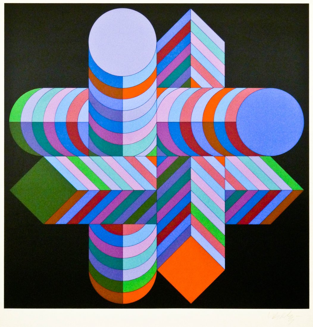 Victor Vasarely (1906-1997 Hungarian/French) ''MAKK-S'': Victor Vasarely (1906-1997 Hungarian/French) ''MAKK-S'' Serigraph 27''x26'' Sight. Pencil signed and numbered VF 34 of 50 edition. Alon Gallery label on verso. Total framed size 37.5''x31.75''.