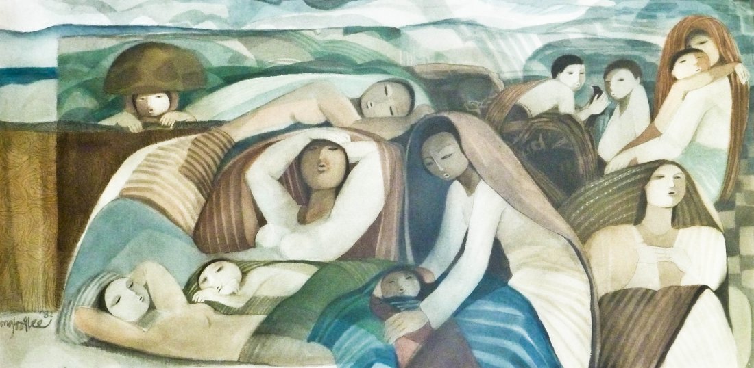 Lee Long Looi (b.1942 Malaysia) Untitled Modernist: Lee Long Looi (b.1942 Malaysia) Untitled Modernist Figures 1982 Watercolor on Arches 25''x51'' Sheet. Depicts various mother and children in landscape. Signed and dated l.l. Total framed size 28.5''x5