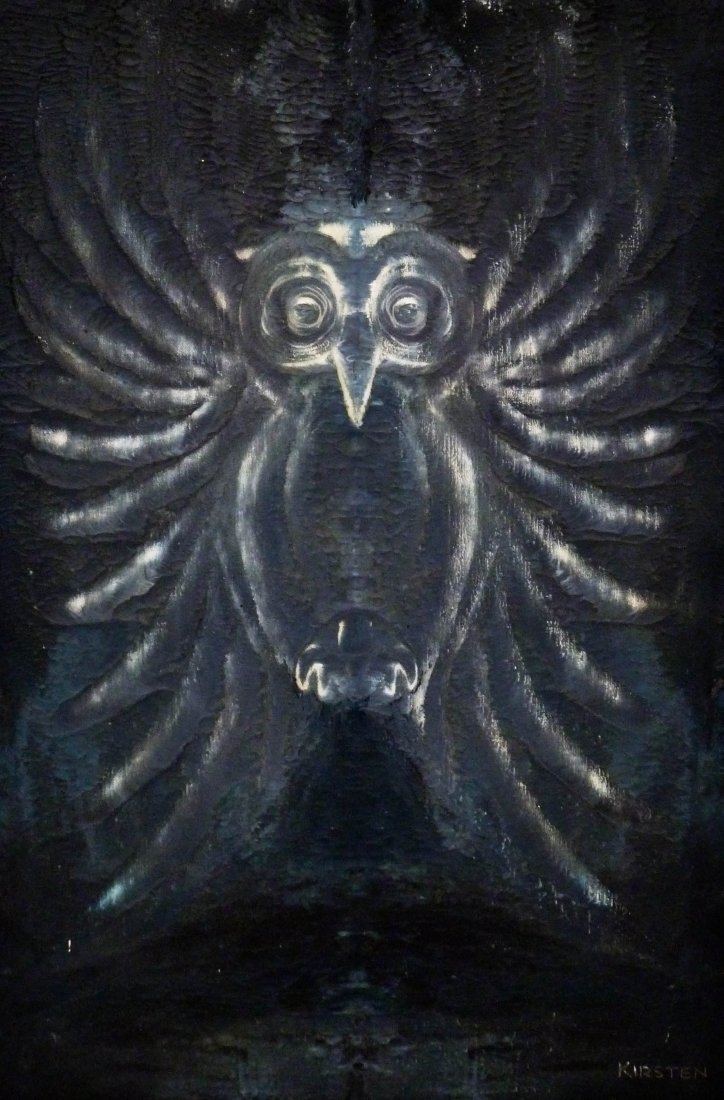 Richard Kirsten (1920-2013 Washington) ''The Dream of a: Richard Kirsten (1920-2013 Washington) ''The Dream of a Young Owl'' 1962 Oil & Encaustic on Canvas 24''x16'' Image. Original title label on verso. Total framed size 35.5''x26.5''.