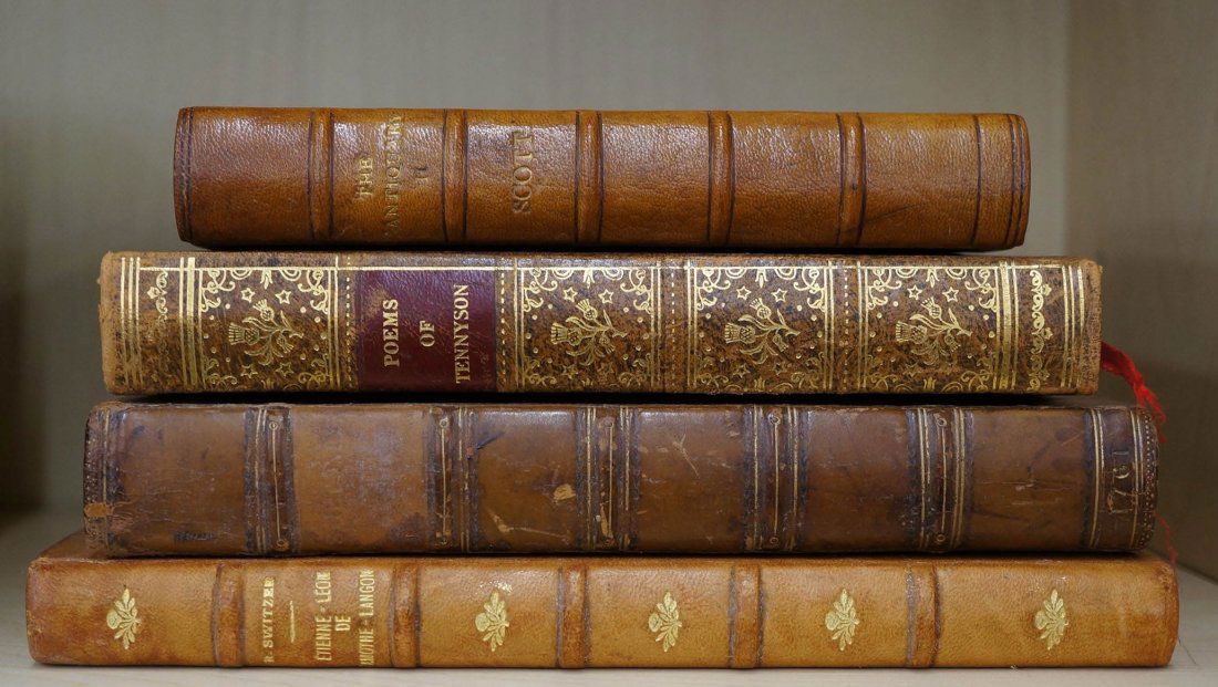 4pc Antique Leatherbound Books. Includes Etienne-Leon: 4pc Antique Leatherbound Books. Includes Etienne-Leon De Lamothe-Lungon by Richard Switzer 1962 (signed edition), Lives of the Twelve First Roman Emperors by John Clarke: London 1761, Poems by Alfred