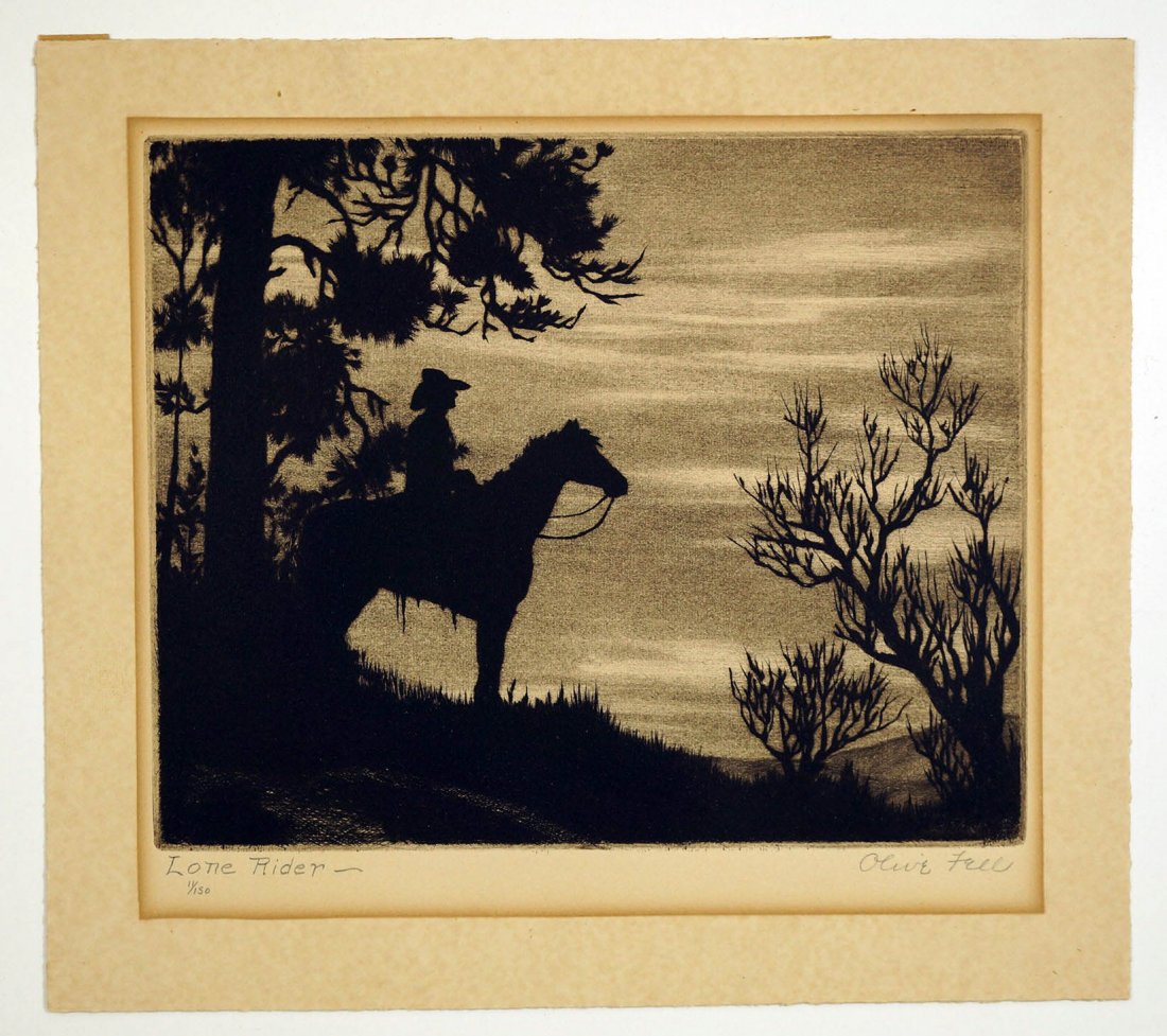 Olive Fell (1896-1980 American) ''Lone Rider'' Etching: Olive Fell (1896-1980 American) ''Lone Rider'' Etching 5.5''x6.75'' Image. Total sheet size 7.5''x8.5''. Pencil signed and numbered 11 of 50 lower margin. Some mat burn and scattered foxing. Loose.
