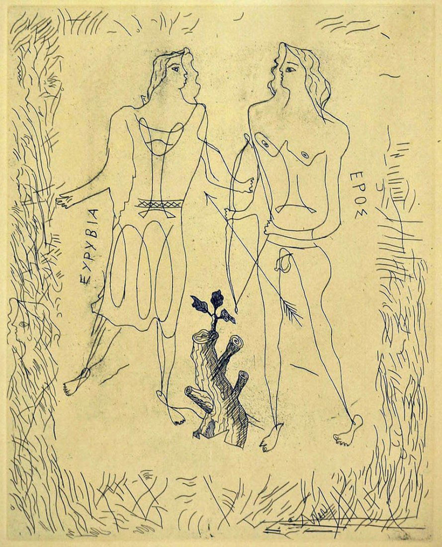 Georges Braque (1882-1963 French) ''Eros and Eurybia'': Georges Braque (1882-1963 French) ''Eros and Eurybia'' Etching 14.25''x11.25'' Image. Total sheet size 19.75''x16''. Loose, some foxing.