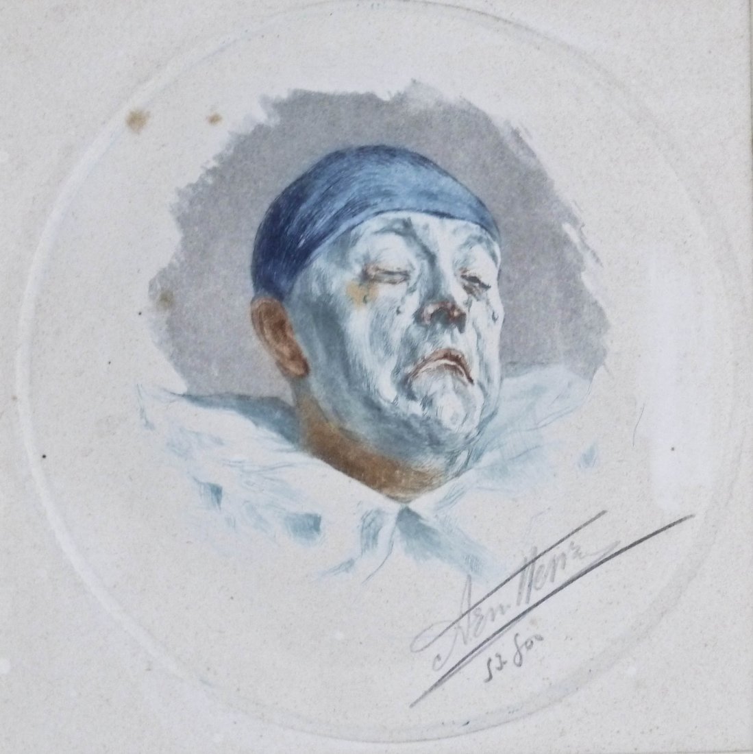 Armand Henrion (1875-1958 French) Three Clown Etchings: Armand Henrion (1875-1958 French) Three Clown Etchings Framed. First is blue Pierrot portrait 5.5''x5.5'' image, second is clown smoking 8''x5.5'' image, and final clown in yellow cap 8''x5.5'' image.