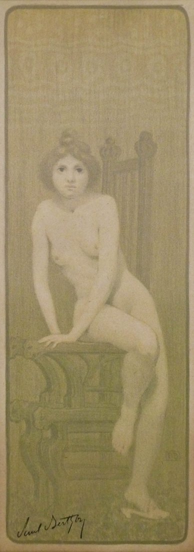 Paul Berthon (1872-1909 French) Two Works Female Nudes: Paul Berthon (1872-1909 French) Two Works Female Nudes Lithographs 15''x5'' Image Each. Art nouveau original prints similar to the work of Alphonse Mucha. Gallery framed with a total size of 28''x18''