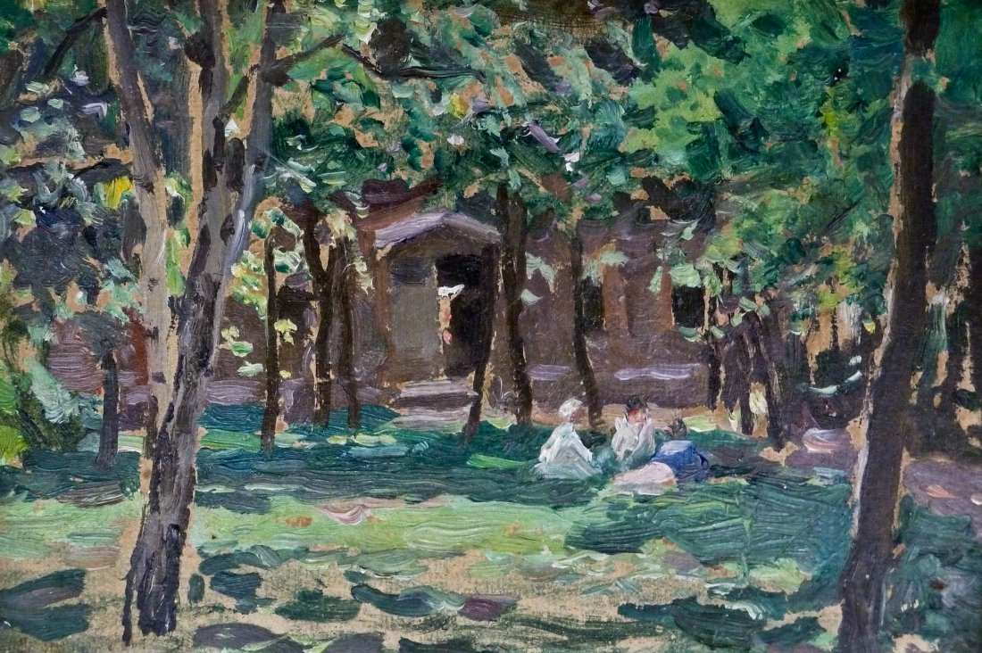 Antique European Impressionist Oil Painting: Antique European Impressionist Oil Painting 6.25''x9.5'' Image. Depicts a picnic scene. Signed illegibly l.l. corner. Comes in ornate gilt period frame with a total size of 11.5''x14.5''.