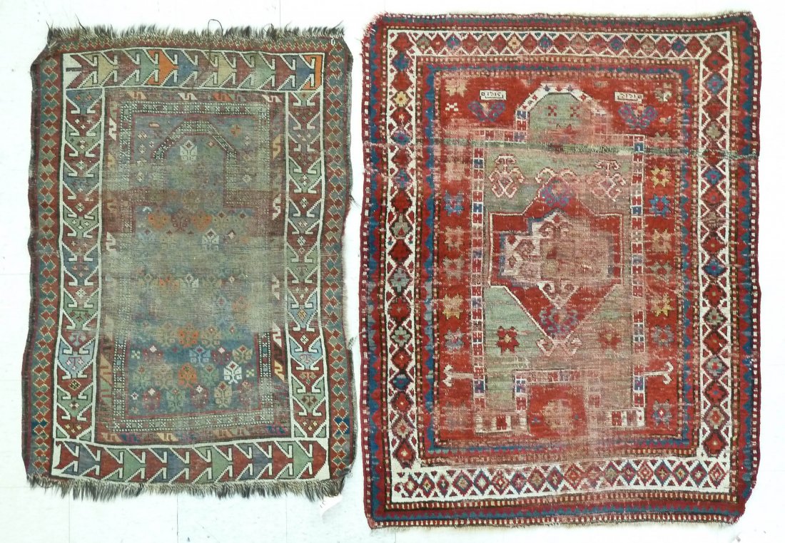 2pc Antique Kazak Caucasian Prayer Rugs 3'x4'5'' and: 2pc Antique Kazak Caucasian Prayer Rugs 3'x4'5'' and 3'10''x5''. Very heavy wear to both rugs.