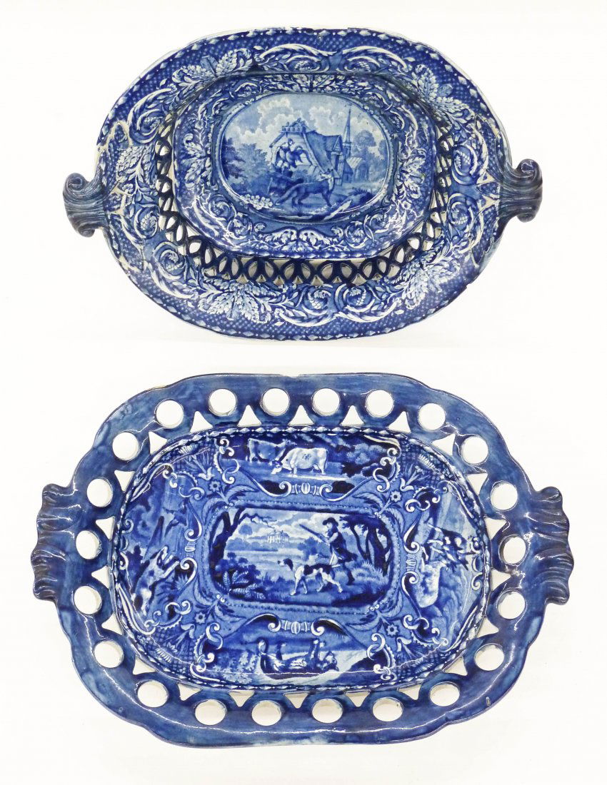 2pc English John Hall & Sons Quadrupeds Reticulated: 2pc English John Hall & Sons Quadrupeds Reticulated Flow Blue Serving Pieces. Includes a handled bowl 4''x12'' and a serving tray 12.5''. Each has a large edge chip, with a few scattered small edge ch