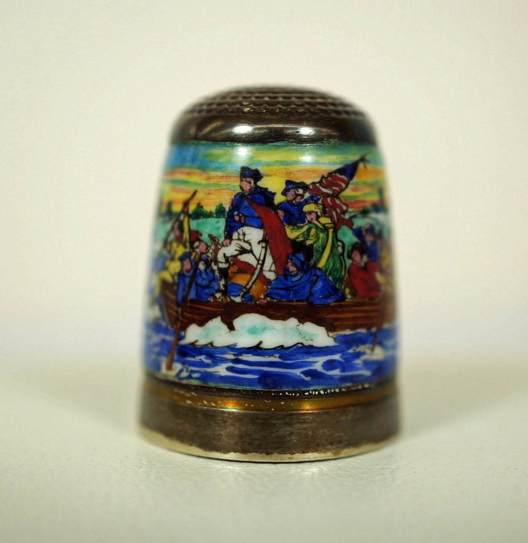 Peter Swingler ''Washington Crossing the Delaware: Peter Swingler ''Washington Crossing the Delaware 1776'' Enameled Sterling Thimble. Birmingham hallmarks date marked 1976.