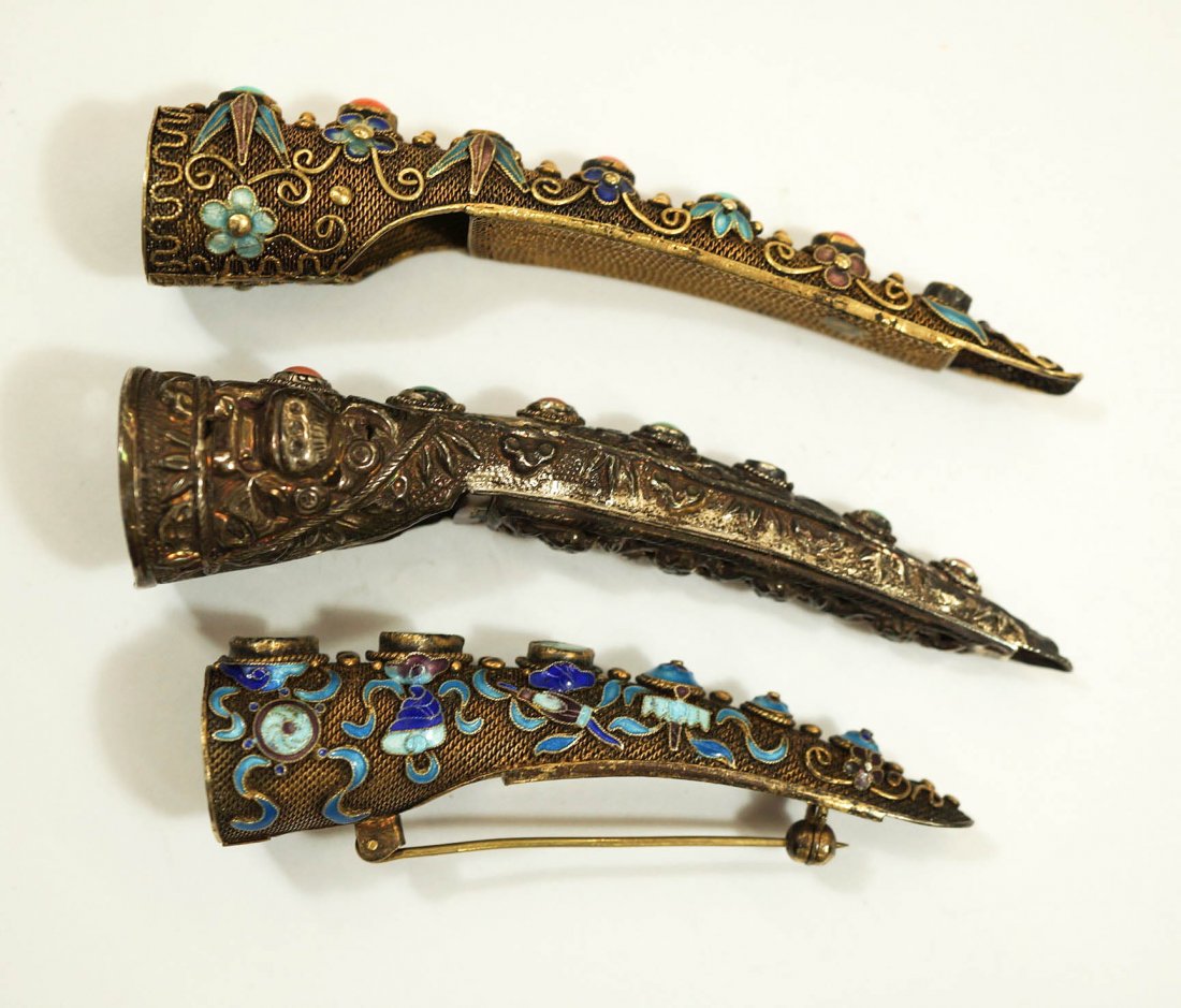 3pc Chinese Export Silver Filigree Enameled Nail Guards: 3pc Chinese Export Silver Filigree Enameled Nail Guards 3'' to 3.5'' Each. Inset coral, turquoise and jade beads. One is a brooch.