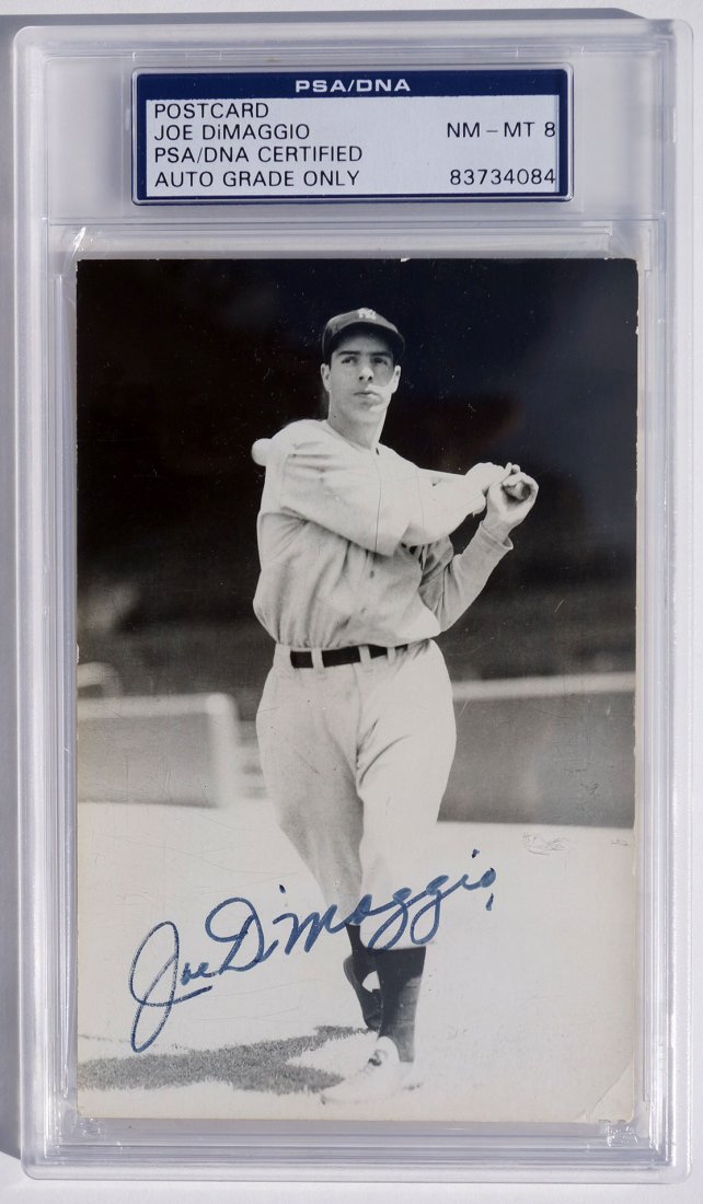 Joe DiMaggio Autographed Real Photo Postcard. Image by: Joe DiMaggio Autographed Real Photo Postcard. Image by George Burke, printed by Jim Rowe. PSA/DNA Authenticated and Encapsulated. Postcard in VG/EX condition and signature rates 7/8 out of 10.