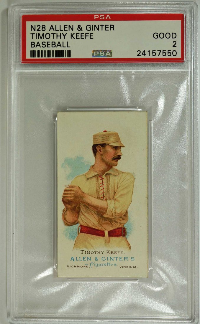 1888 N28 Allen & Ginter Timothy Keefe: 1888 N28 Allen & Ginter Timothy Keefe graded PSA Good 2. This card was professionally removed from an antique scrapbook album that was dated 1888-89. Because it was placed in the scrapbook album short
