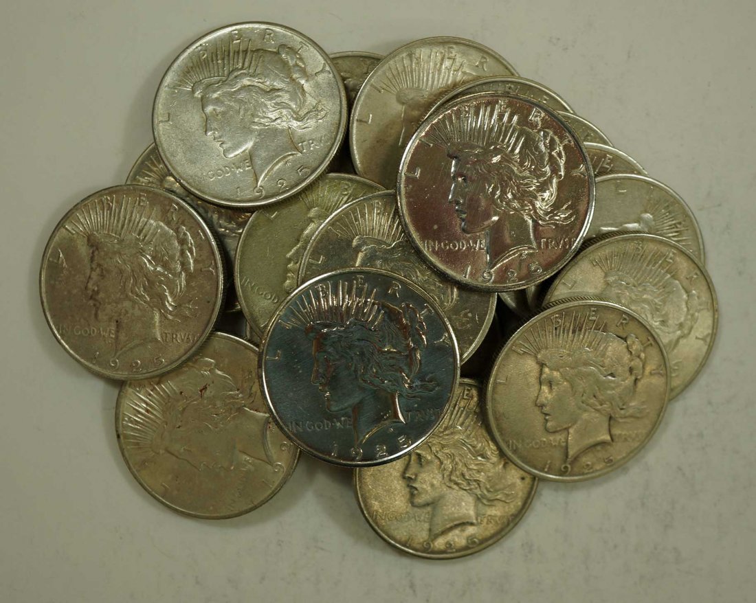 (20) 1925 Peace US Silver Dollars, asst cond: (20) 1925 Peace US Silver Dollars, asst cond