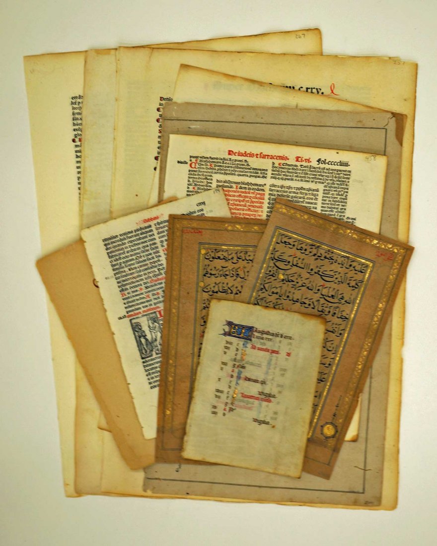 Group Medeival Manuscripts: Group (11) Medeival manuscripts. Leaves from a Guinta Missale, Commentary on the Koran, Commentaria in Bibliam, Book of Kings, Mughal Koran, etc.