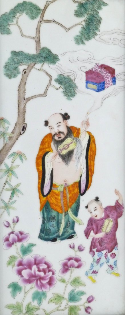 Old Chinese Enameled Porcelain Plaque Framed: Old Chinese Enameled Porcelain Plaque Framed 15.75''x7.25''. Depicts a man and child holding a hand fan. Fine polychrome enameling. Plaque itself is 14.75''x6''. Excellent condition. 20th century, Rep
