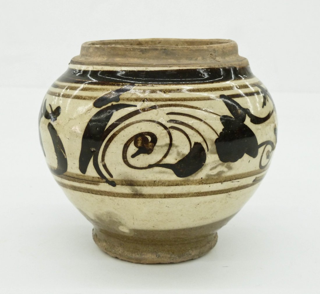 Chinese Ming Cizhou Pottery Jar 4.5''x5''. Brown over: Chinese Ming Cizhou Pottery Jar 4.5''x5''. Brown over white slip glaze decoration. Excellent condition. Ming dynasty (1368-1644).