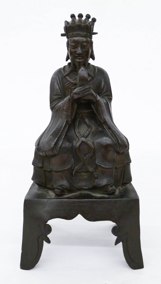 A Chinese Ming Bronze Figure of Wenchang Wang: A Chinese Ming Bronze Figure of Wenchang Wang 9.75''x4.5''x4''. Depicts the Daoist Deity of Culture & Literature. He is seated holding a hu tablet. 17th or 18th century, late Ming or early Qing dynast