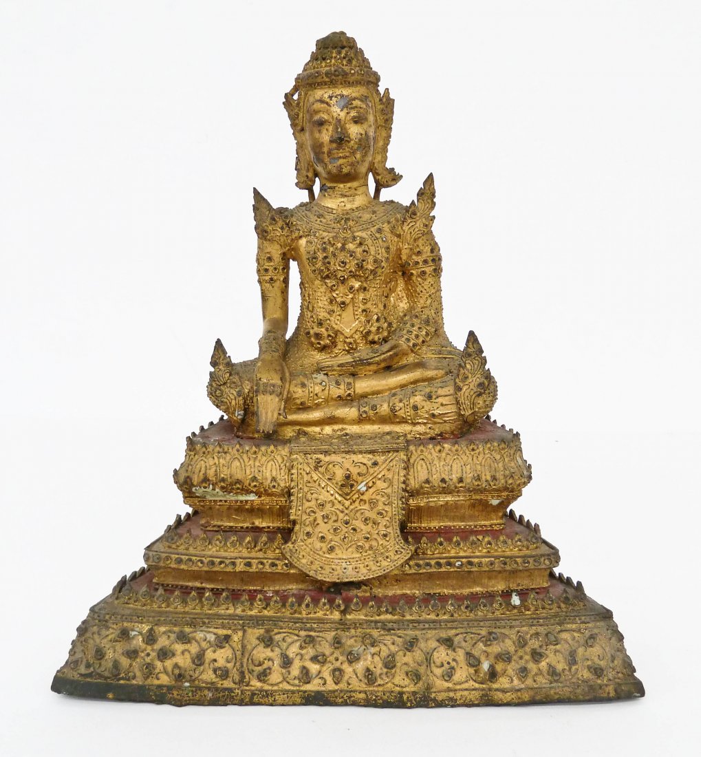 Antique Thai Gilt Bronze Seated Buddha 10''x8.75''.: Antique Thai Gilt Bronze Seated Buddha 10''x8.75''. Gilt and red lacquered decoration. Missing top spire. 19th century.