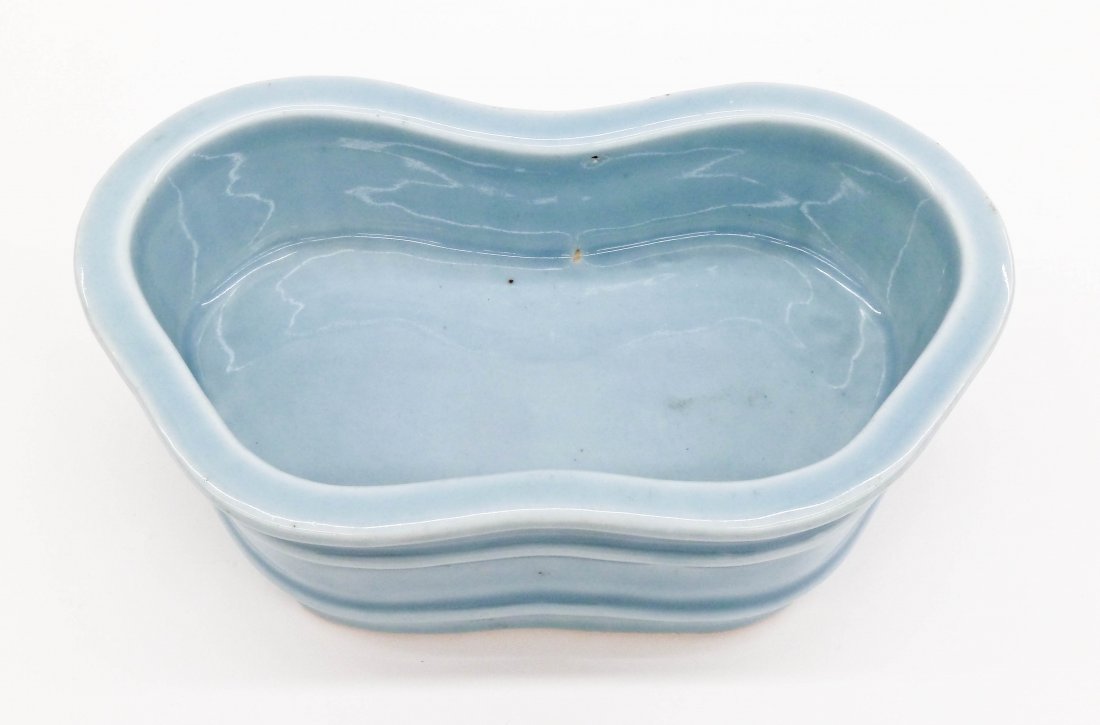 Antique Chinese Clair de Lune Monochrome Porcelain: Antique Chinese Clair de Lune Monochrome Porcelain Brush Washer 2.75''x10''. Unusual butterfly shaped form. It bears a six character blue underglaze Qianlong commemorative mark. Comes on fitted wood 1
