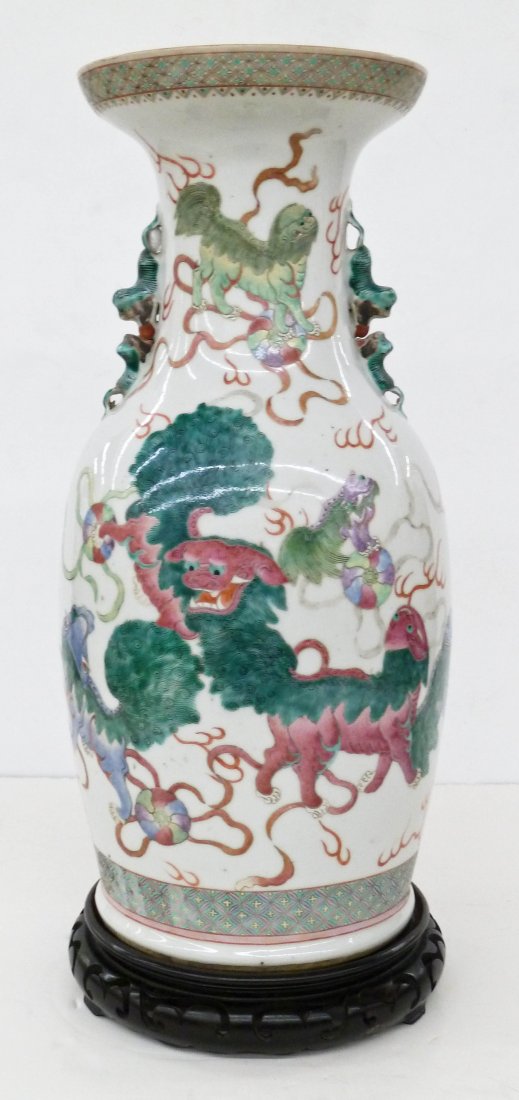Antique Chinese Polychrome Foo Lion Porcelain Baluster: Antique Chinese Polychrome Foo Lion Porcelain Baluster Vase 18''x8''. Unusual depiction of thirteen colorful enameled foo dogs in various positions with flaming pearls. Figural double foo dog handles.