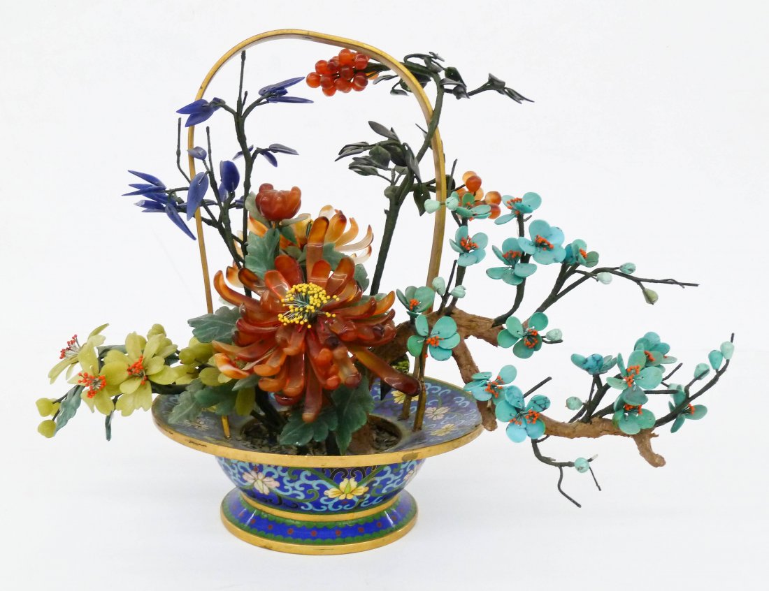 Chinese Jade & Hardstone Tree in Cloisonne Basket: Chinese Jade & Hardstone Tree in Cloisonne Basket 10.5''x13''. Includes lapis lazuli, turquoise, jade, and carnelian agate chrysanthemum and prunus flowers. Unusual basket form. Some petals missing at